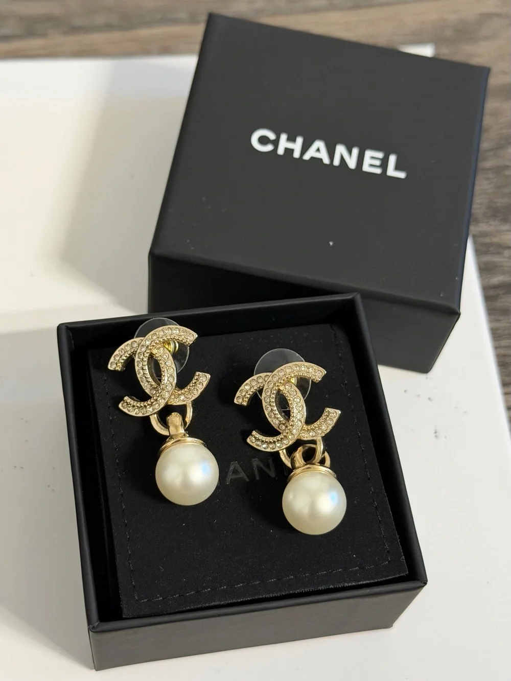 CHANEL Gold Crystal CC Pearl Drop Earrings